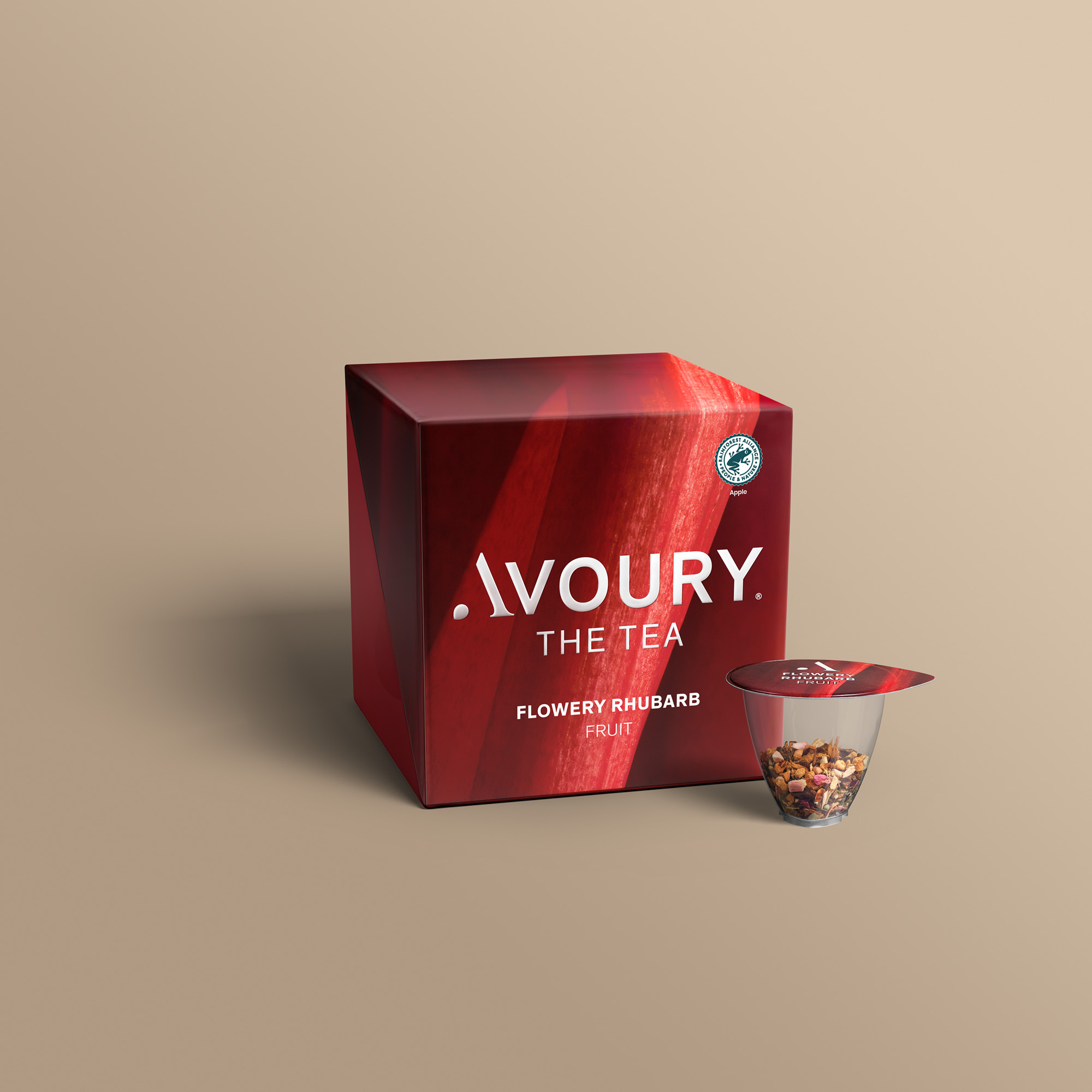 Avoury Flowery Rhubarb Teeverpackung mit Kapsel in 3D-Ansicht